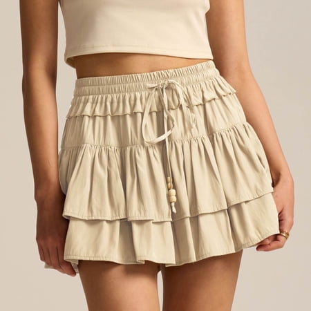YSUEJPF Womens Layered Mini Skirt Elastic Waist Drawstring Ruffled Hem Short Skirt Athletic Tennis Skirts