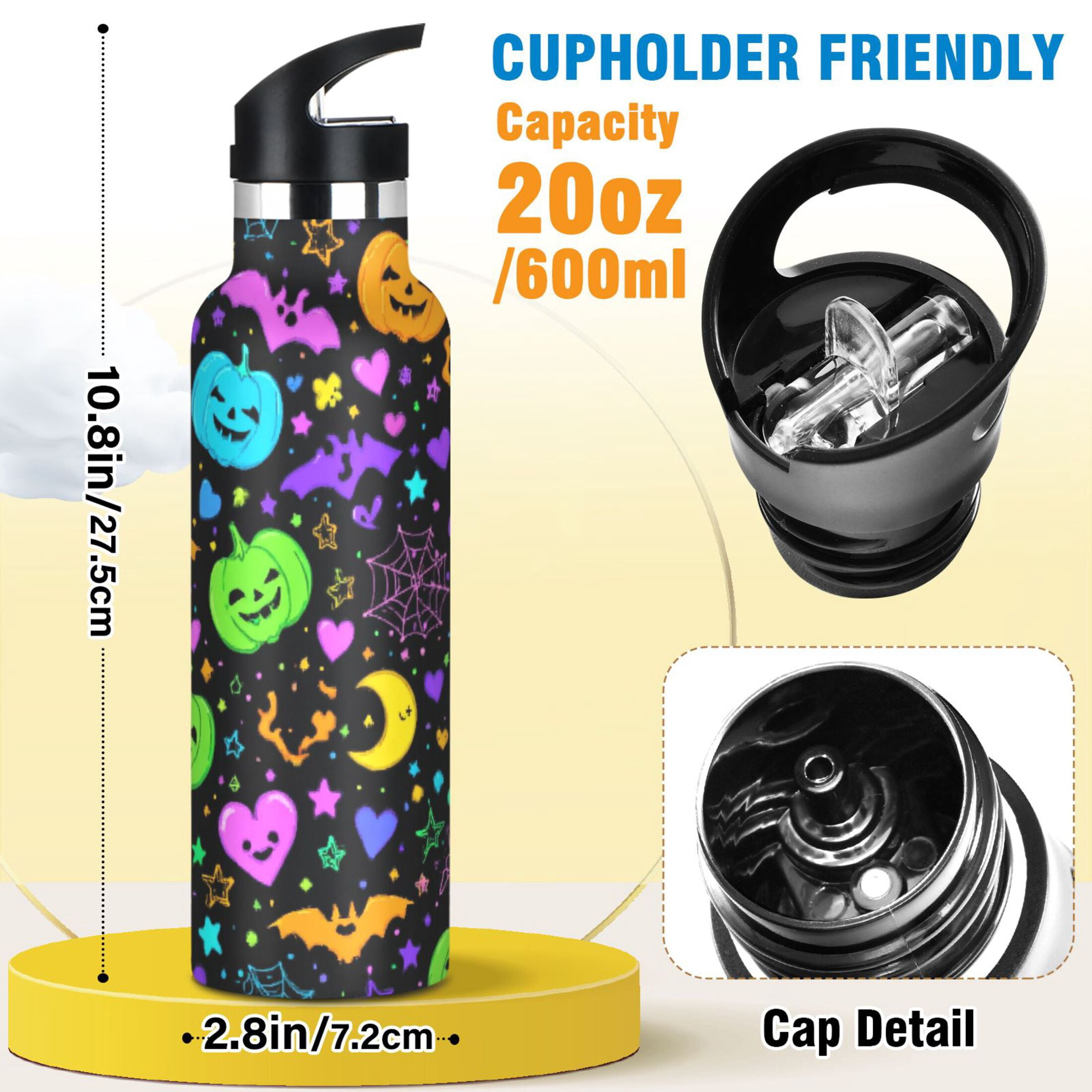 Kids Insulated Stainless Steel Sports Water Bottle 600ml (20oz) Colorful Halloween Elements