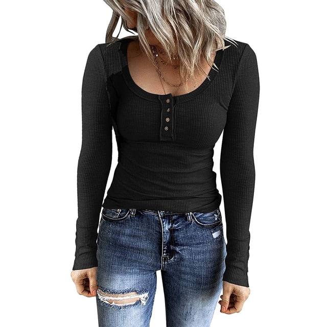Gupgi Women Henley T-Shirts Long Sleeve Scoop Neck Button Down Solid Color Slim Fit Tops