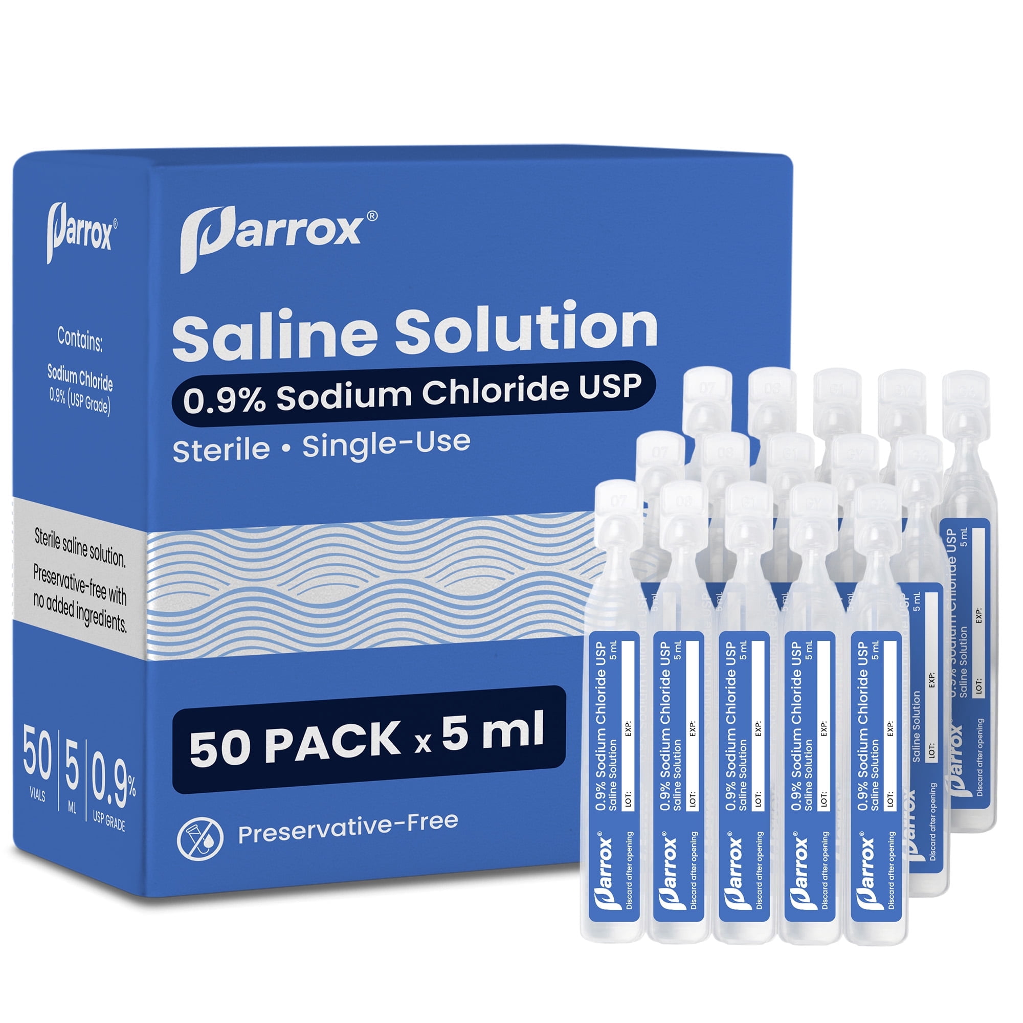Parrox Saline Solution Single-Use Vials (50 Count), Multipurpose Personal Care