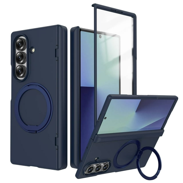 Magnetic Case for Samsung Galaxy Z Fold 7 with 360° kickstand and ring holder, designed for full-body shockproof protection. Includes built-in screen protector, hinge protection, and raised bezels for screen and camera safety. Features a slim profile, magnetic back for stable wireless charging, and ergonomic grip. Displayed in dark blue, highlighting its precise fit and functional elements for the Galaxy Z Fold 7.
