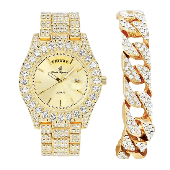CHARLES RAYMOND Big Rocks Fully Iced Out Diamond Mens Watch w/Easy Read Date & Day - Designer Hip Hop Blinged Out Timepiece - ST10535 (ST10535-LN Gold -C)