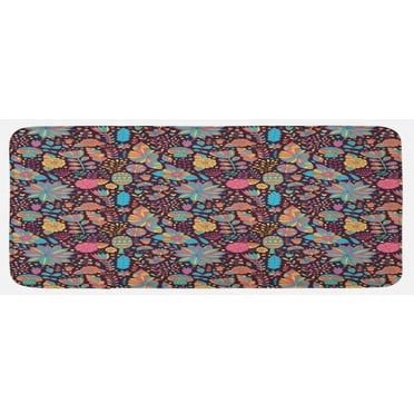 Flower Kitchen Mat, Doodle Style Colorful Floral Design with Dark Toned Background with Scattered Dots, Plush Decorative Kitchen Mat with Non Slip Backing, 47" X 19", Multicolor, by Ambesonne