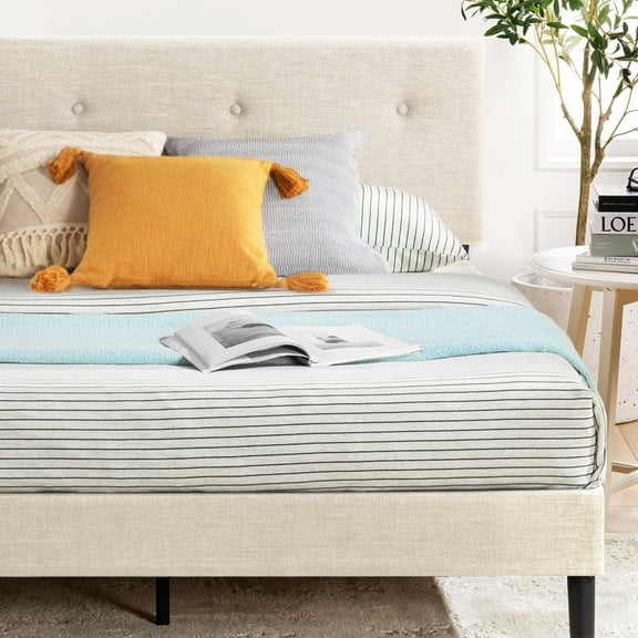 Mellow Alva Upholstered Platform Bed Frame with Headboard, Ivory, Queen