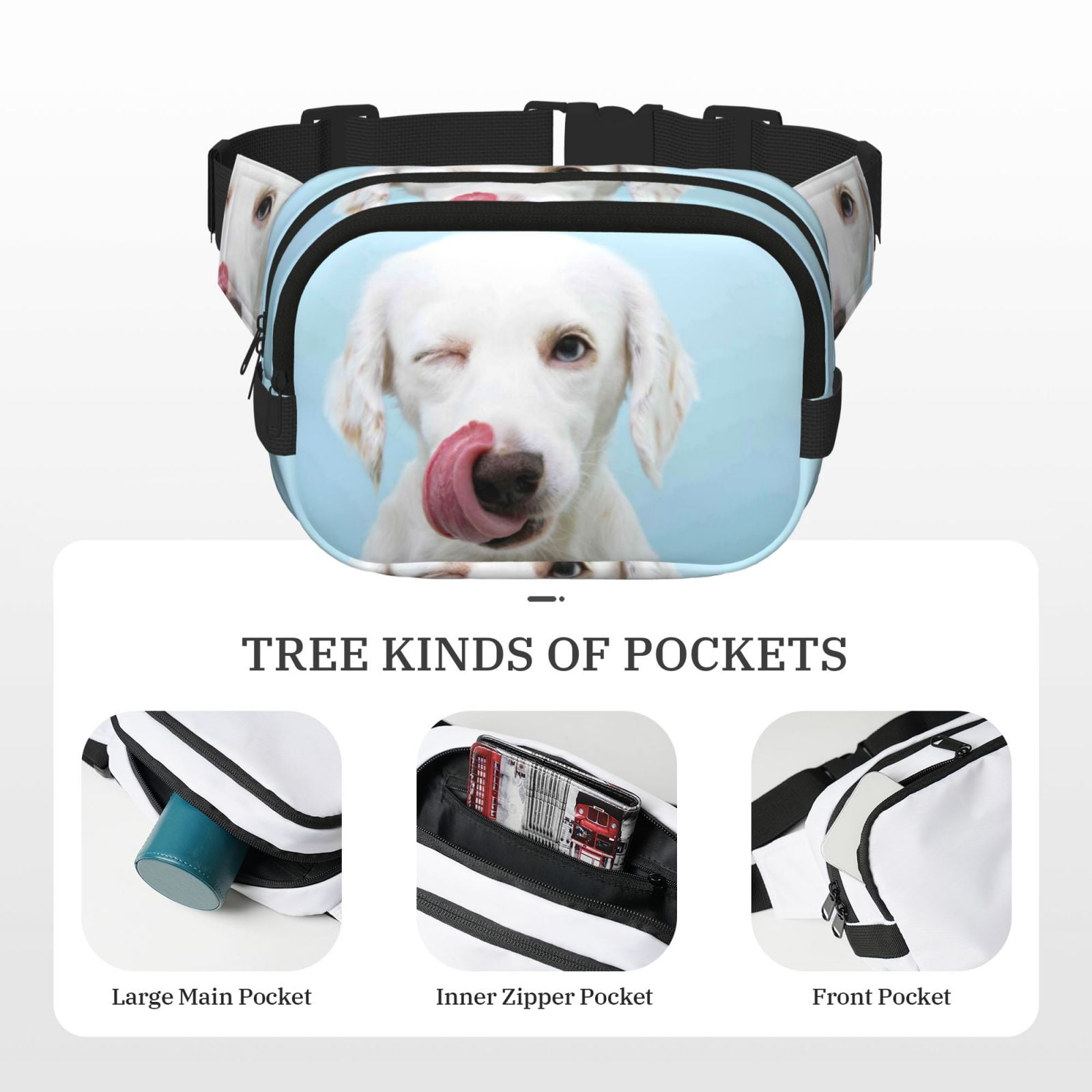 Picia Puppy Licks Nose Print Square Double-Layer Waist Bag Mini Adjustable Waist Belt Bag Exercise Running Travel Hiking