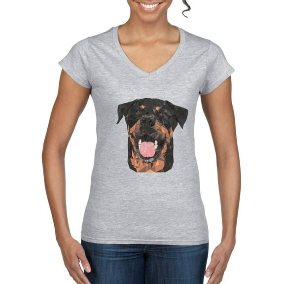 Wild Bobby, Cute Polygonal Rotteiler Smiling, Dog Lover, Women Standard V-Neck Tee, Heather Grey, Small