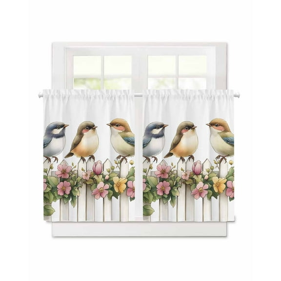 Bird Short Blackout Curtains 36 Inch Long Spring Flower Fence Rod Pocket Kitchen Curtains, 2 Panels Thermal Insulated Room Darkening Drapes for Bedroom, 30"W x 36"L