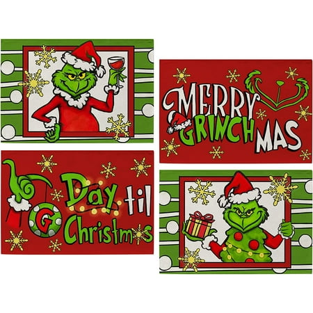 

JOOCAR Christmas Placemats 18x12 Inches Green Red Christmas Grinch Merry Grinchmas Gold Snowflake Christmas Placemats for Home Table Holiday Decoration Rectangular Placemats Set of 4