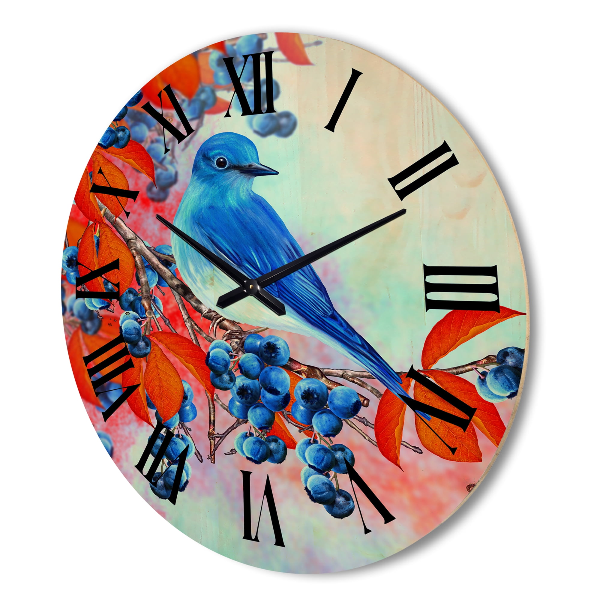 Designart 'Bright Bird Bullfinch Sitting On A Branch of Berries III' Traditional Wood Wall Clock