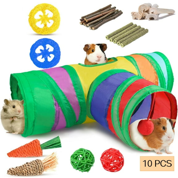 WLGJL Rabbit Toys, Bunny Tunnels & Tubes, Collapsible 3 Way Rabbit Hideout Tunnel with Chew Toys for Bunny Guinea Pig Ferret Kitten