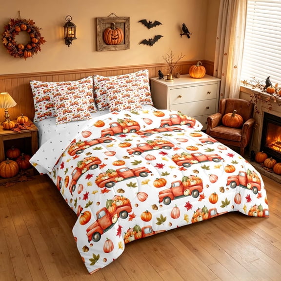 Homewish HFarm Truck Pumpkin Twin Bedding, Autumn Maple Leaf Bedding Comforter Set, White Orange, Reversible 7pcs