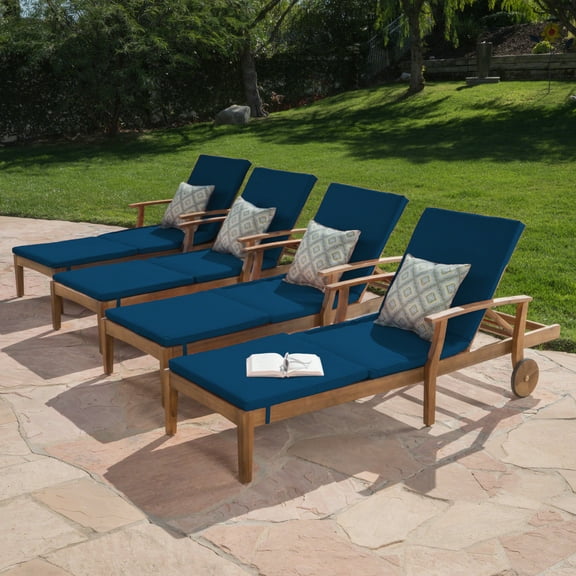 Mavis Outdoor Chaise Lounge With Cushion, Set of 4, Teak Finish, Blue