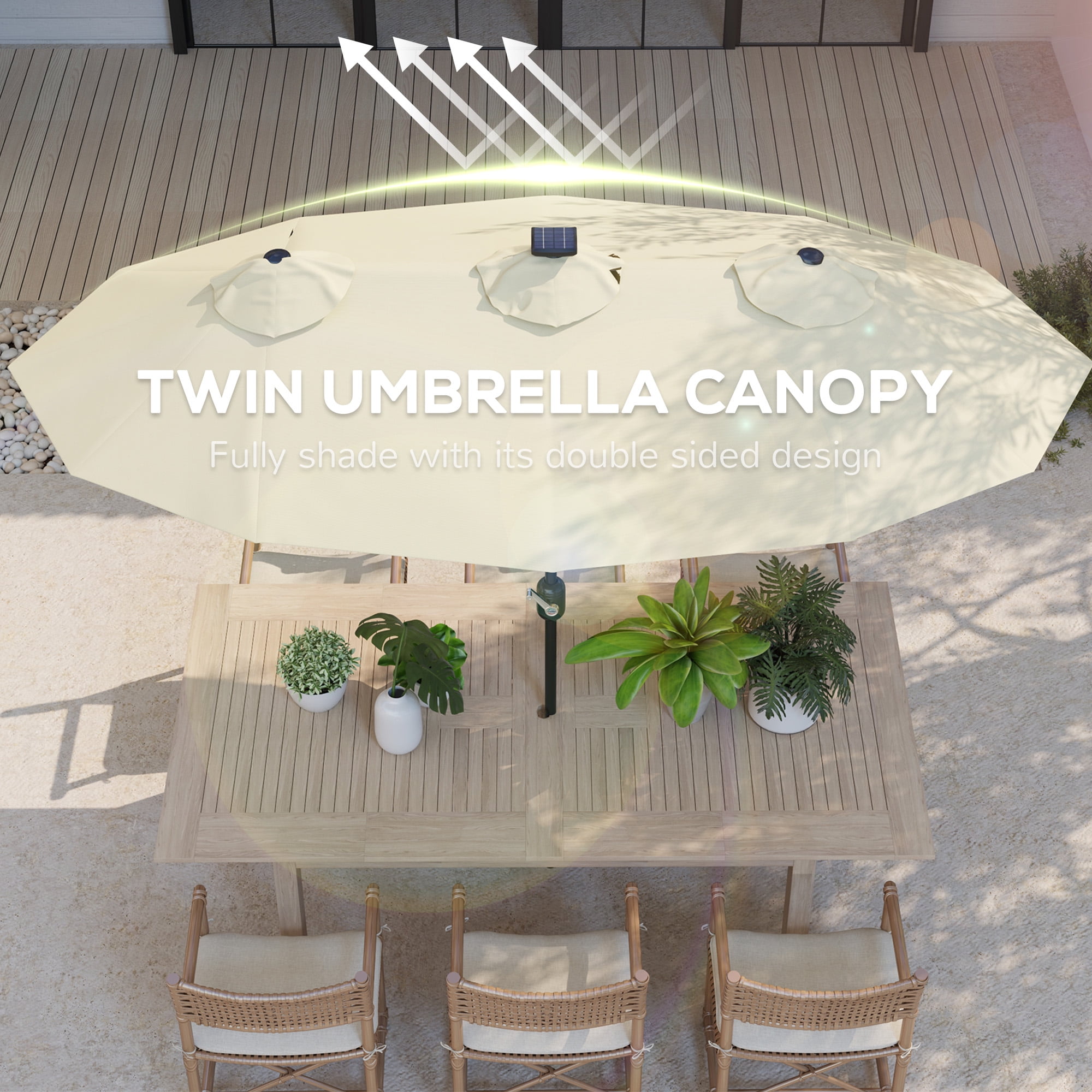 Outsunny 9.7' Double-sided Patio Umbrella with LED Solar Light, Tilt and Crank, Outdoor Umbrella, Cream White