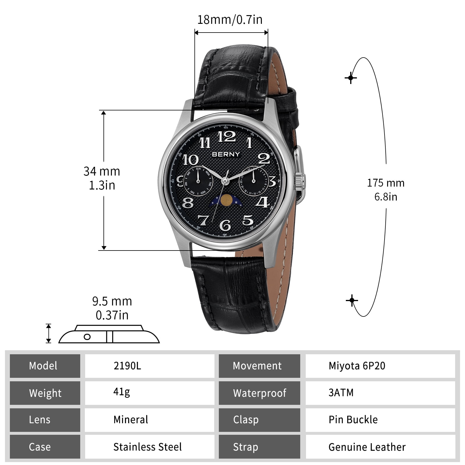 BERNY Dress Watches for Women, MultiFunction Leather Watch with Moon Phase, Day & Date Calendar, Stainless Steel Case, Easy to Read, Waterproof, Ladies Analog Quartz Wrist Watch (Black)