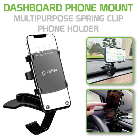 Cellet Multipurpose Spring Clip Phone Holder, Dashboard, Sun Visor & Rear View Mirror Clip Mount with Heavy Duty Spring Base, 360° Cradle Rotation
