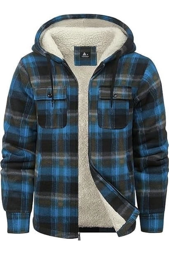 Mens Flannel Hoodie Plaid Jacket Fleece Sherpa Lined Full Zip Up Sweatshirt Winter Hooded Shirts Coat with 4 Pockets Blue XL