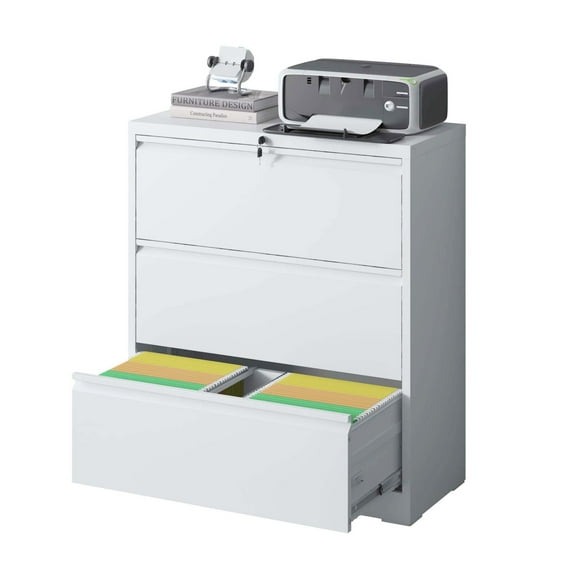Lateral File Cabinet 3 Drawer White - Lockable Steel Filing Cabinet for Office & Home - Legal/Letter/A4/F4 Size - White Finish Filing Cabinets Metal