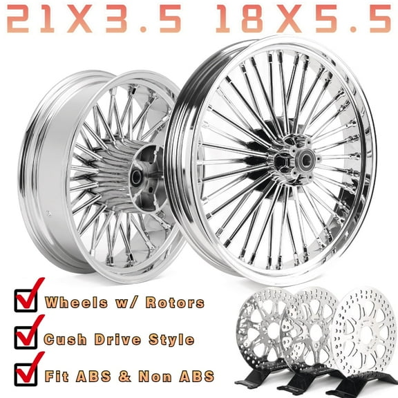 21X3.5 18X5.5 Fat Spoke ABS Wheels Road King Glide 2009-2023 Cush w/ Rotors Chrome
