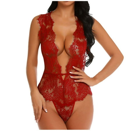 CZSCPDAW Women Lingerie Front Closure V Neck Nightwear Sexy Nightie Women Hollow Leaves Flowers Eyelash Lace Lingerie Lace Bodysuit Deep V Teddy Mini