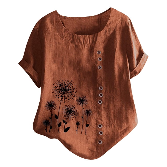 Women's Casual Blouses New Linen Short Sleeve Button with Round Neck Printed Tees for Ladies