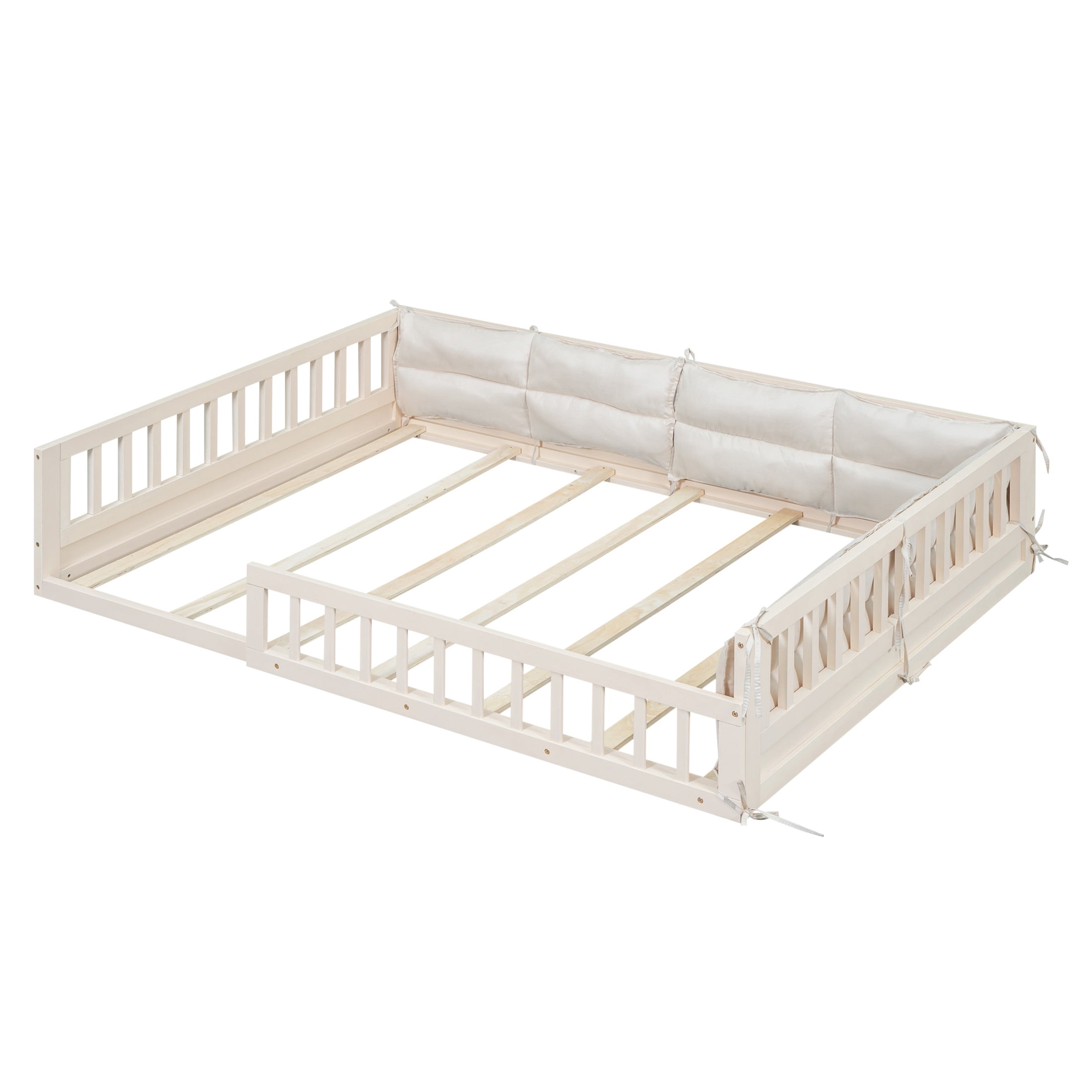 Noble House Myrrh Full Size Upholstered Platform Bed with Guardrails and Detachable Pillows, Pine Wood Frame, Beige