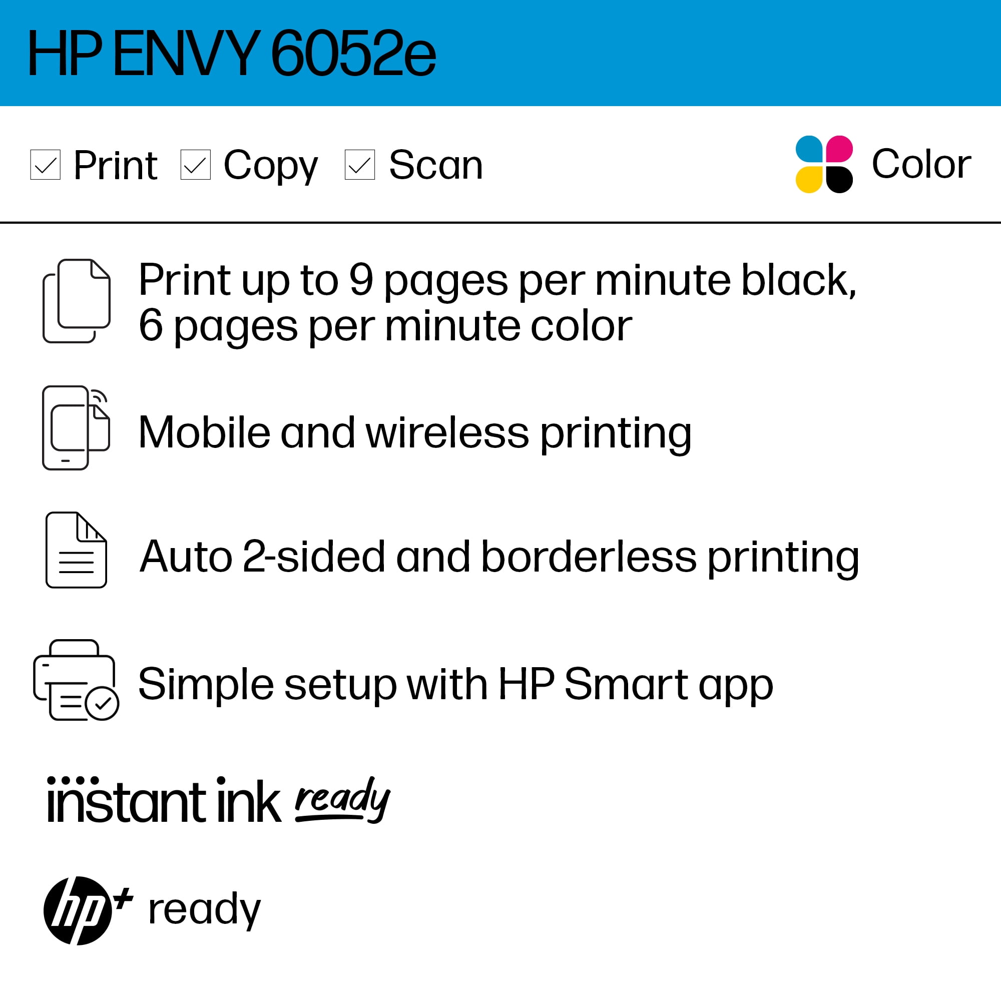 HP ENVY 6052e All-in-One Wireless Color Inkjet Photo Printer with 3 Months Instant Ink Incl with HP+