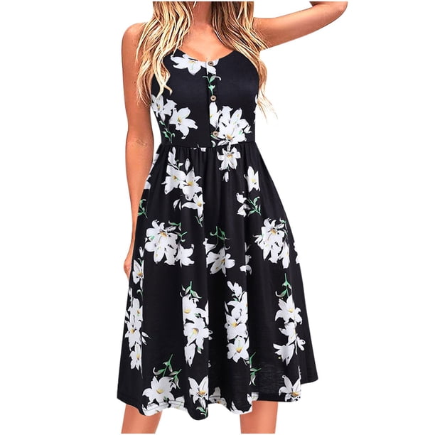 Vestido casual de color sólido con cuello en V sin mangas con tirantes en la playa de verano con botones a la moda para mujer Pompotops ghjkhdj6811