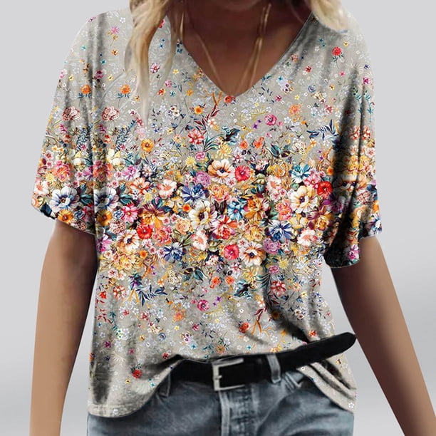 Fiudx Camisetas para Mujer Camisetas Holgadas de Manga Corta con Cuello En V Informales con Estampado de Moda para Mujer