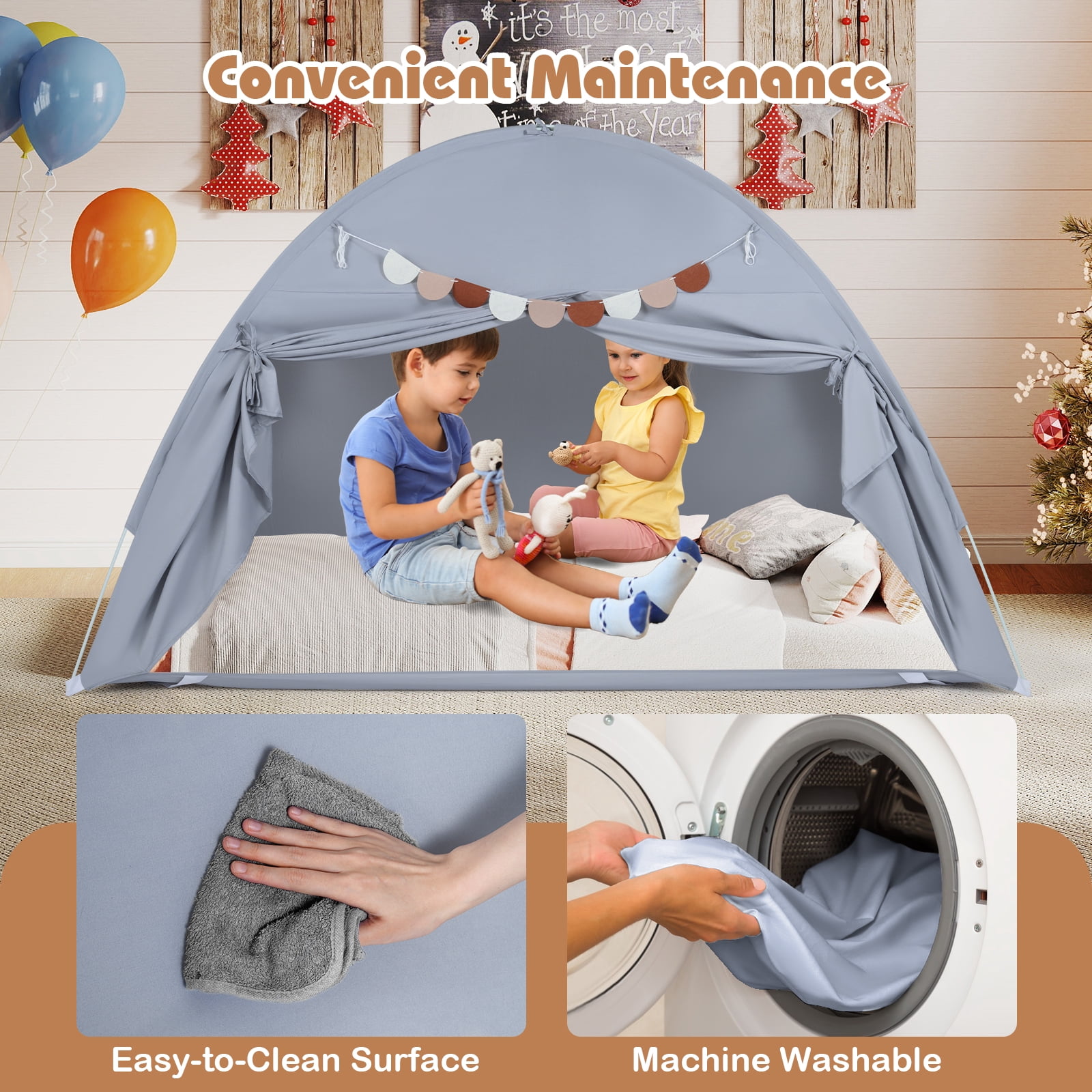 Gymax Twin Full Size Bed Tent w/2 Windows Flags for Boys & Girls Aged 3+ Years Old Grey