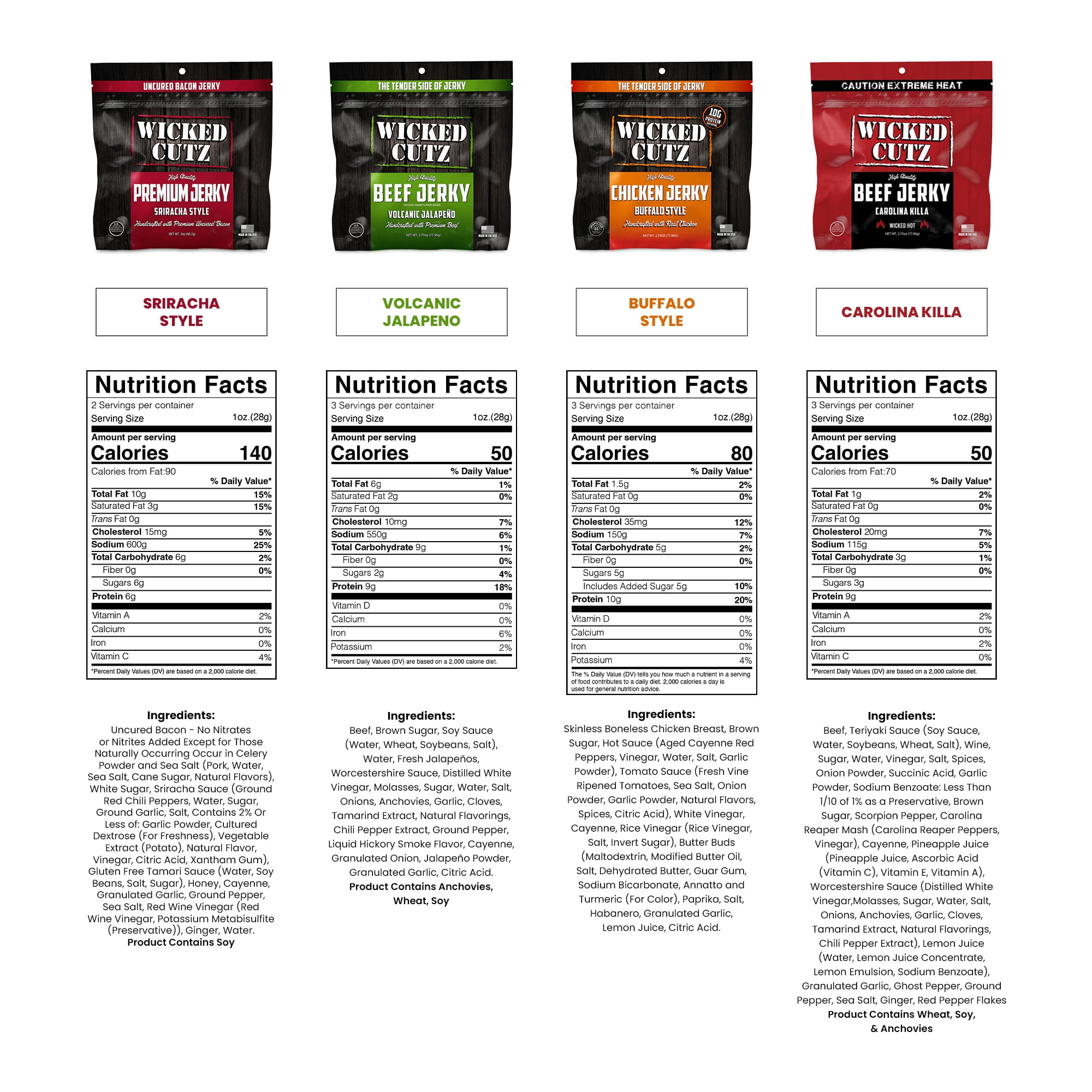 Wicked Cutz Premium Tender Spicy Jerky, Quality Natural Smoked Variety, Beef, Chicken, Bacon, 4-Pack