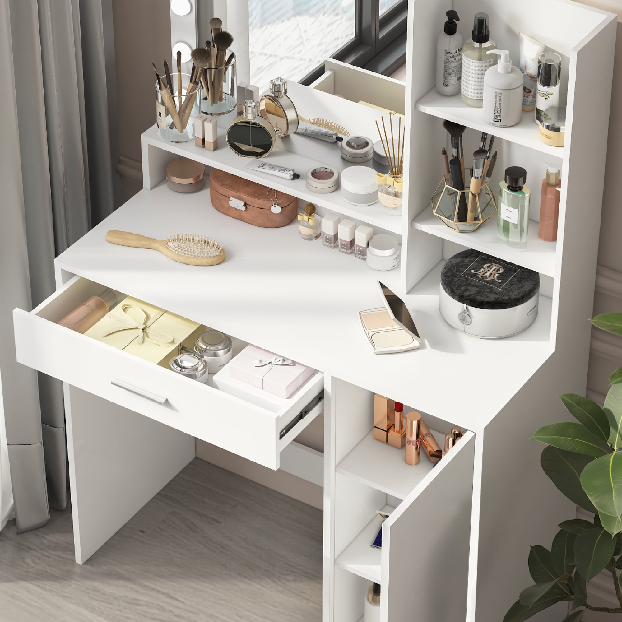 Vanity Desk with Mirror & Light,Large Makeup Vanity Table Dressing Table,3 Lighting Modes Adjustable Brightness for Bedroom,White