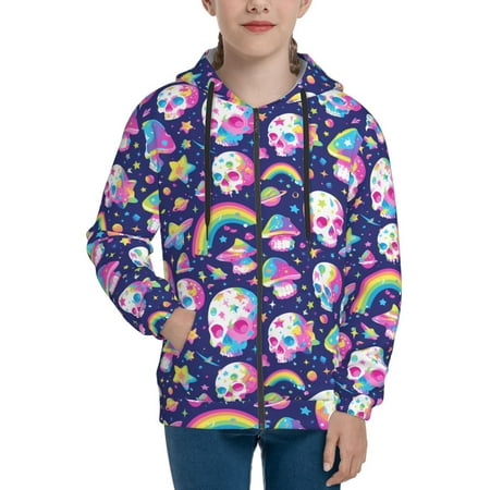 

Hoodies for Women Skull mushroom rainbow space Long Sleeve Sweatshirt Drawstring Zip Up Hoodie with Pockets Teen Girl Clothes