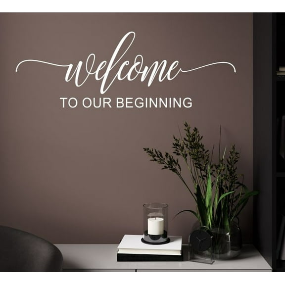 Welcome to our Beginning Vinyl Wall Art for Mirror or Sign - Cute Matte Vinyl Wall Decal - Bride Groom Vinyl Lettering Decor - Removable Script Adhesive Wall Lettering, 23x8-Inch, White