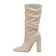 thumbnail image 3 of Slouchy Mid Calf Boots for Women Fashion Suede Pointed Toe Chunky High Heeled Dress Boots with Side Zipper, 3 of 5