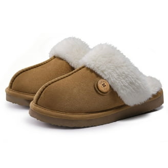 Litfun Women's Fuzzy Memory Foam Slippers, Brown, Anti-Skid Hard