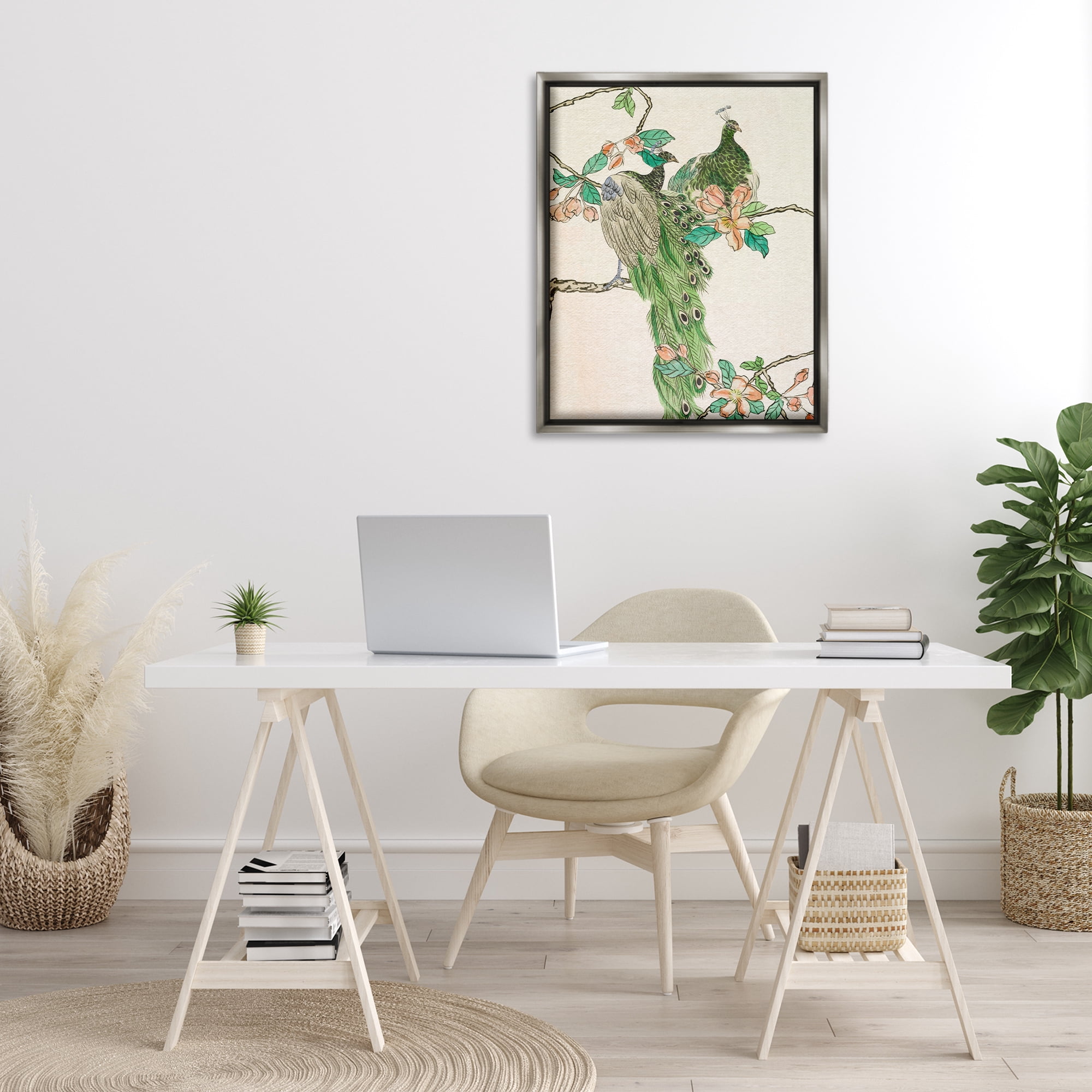 Stupell Industries Traditional Floral Peacock Animals & Insects Painting Gray Floater Framed Canvas Art Print Wall Art, 25 x 31