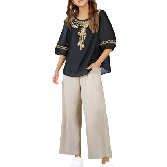 KAUOD 2 Piece Teen Girls Tops Pants Set Thin Lightweight Lace Embroidery Shirt Wide Leg Baggy Trousers Loose Soft Clothes