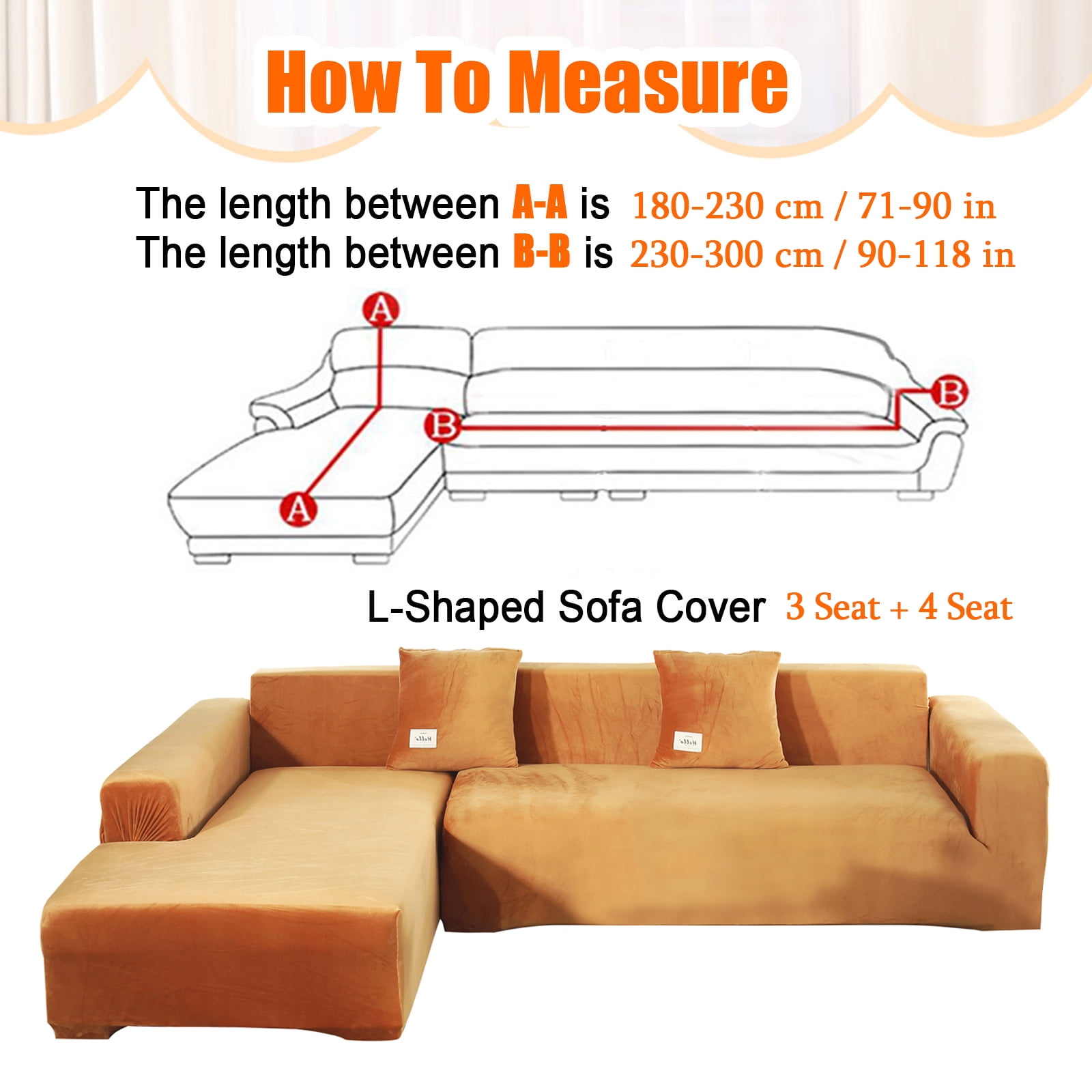 Eurhowing Velvet L-Shaped Sectional Sofa Cover with 4 Pillowcases, Stretch Soft Couch Slipcovers 3 Seater+4 Seater, Sofa Furniture Protector, Orange
