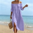 thumbnail image 2 of Women's off-the-Shoulder Cotton Linen Blend Dress Short Sleeve Lace Trim Casual Midi Dress with Side Slit for Summer Beach Vacation Purple XXL(XXL), 2 of 7
