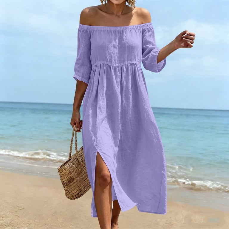 purple empire waist dress Efsteb Maxi Dresses for Women plus size Off-Shoulder 3/4 Sleeve Pleated Casual with Side Slit Lightweight Flowy Summer Vacation Regency Era Purple Lace Dress