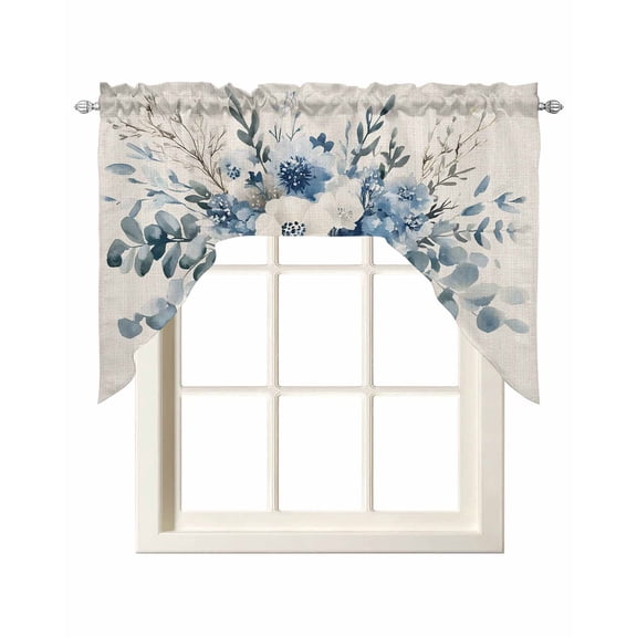 Blue Spring Floral Kitchen Swag Valances for Windows, Watercolor Summer Flowers Vintage Swag Valances Curtains for Living Room, Rod Pocket Window Treatments for Bathroom, Bedroom, Cafe, 56"x36"
