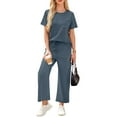 thumbnail image 2 of Two Piece Sets for Women Casual Travel Vacation Outfits Summer Short Sleeve Tops Wide Leg Crop Pants Lounge Sets Blue S, 2 of 7