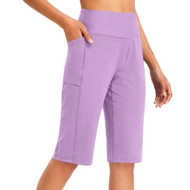 Pantalones de Yoga de Cintura Alta para las Mujeres Color Sólido Cadera Bolsillos Elásticos Medio Pantalones Cortos, Pantalones Deportivos de Fitness, Poliéster Toda la Temporada