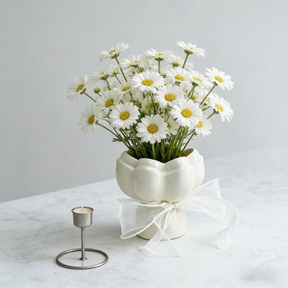 Qocolcyl Tulip-Shaped Ceramic Bud Vase,Small Flower Vase with Ribbon Bow, Glossy Finish, Leakproof,for Home Wedding Table Decor