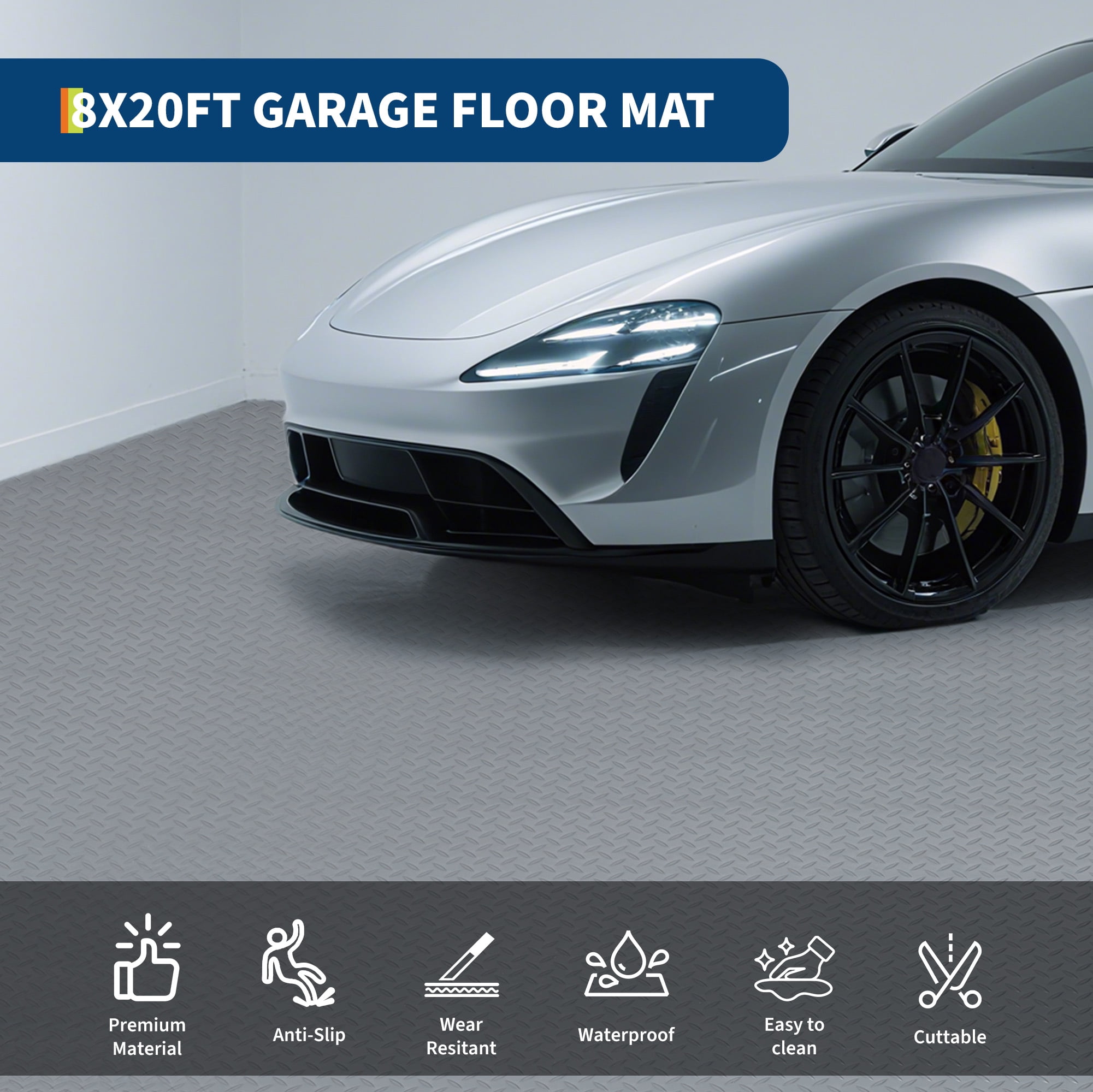 Heavy-Duty Non-Slip Garage Floor Mat for Cars, SUVs, Trucks, Gym, Workshop – 2.8mm Thick Diamond Plate PVC Rubber Roll – Durable Garage Floor Covering – 8x20 FT, Gray