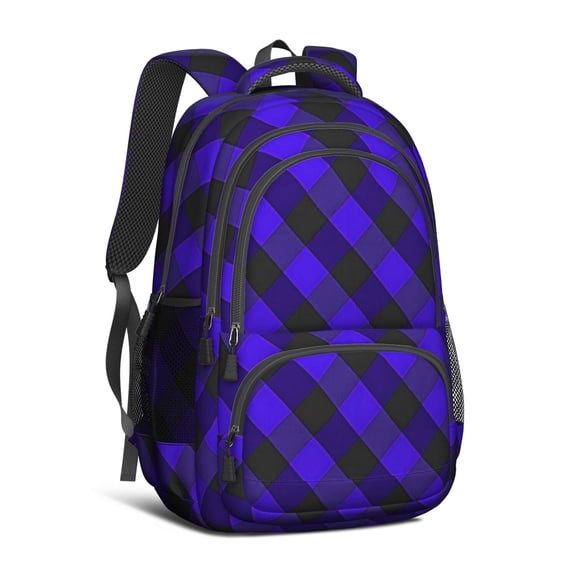 Blue and Black Checkered Pattern Backpack for School, Cute School Bag with Adjustable Shoulder Straps and Padded Back, 16.9"x12.6"x5.9"