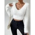 thumbnail image 5 of Female'S Fuzzy Long Sleeve V Neck Crop Sweater Casual Plain Slim Fit Warm Knitwear Sweater Pullovers White S, 5 of 7