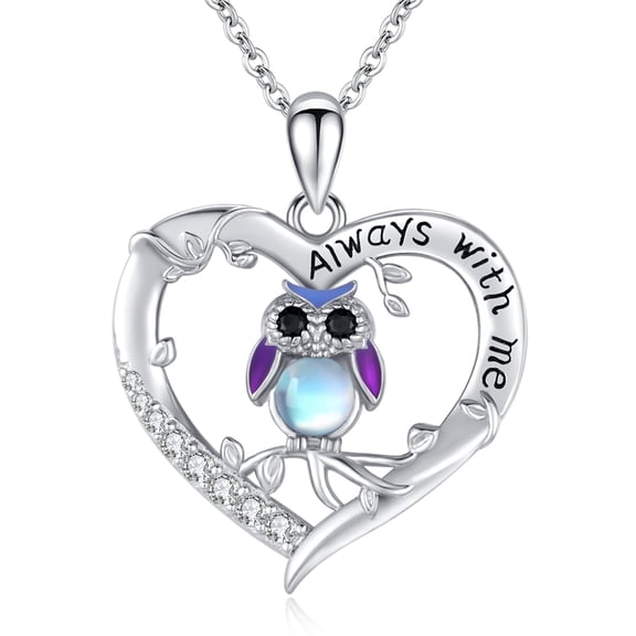 TANGPOET Sterling Silver Moonstone Owl Heart Pendant Necklace Cute Animal Jewelry Gift For Women