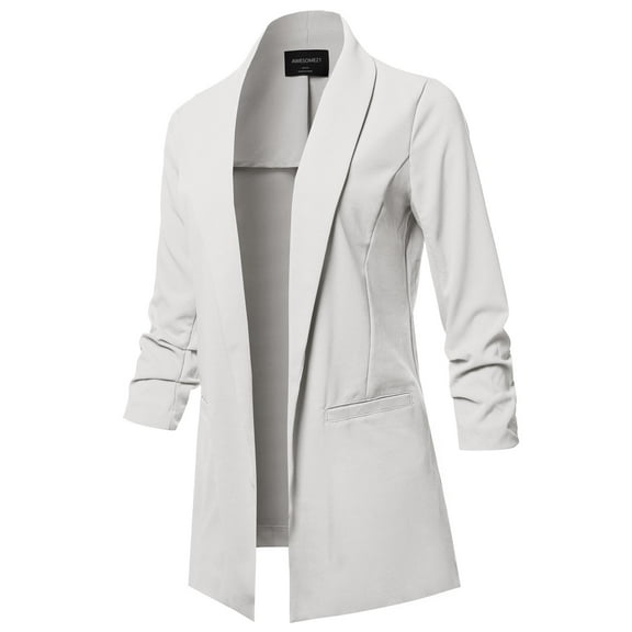 FashionOutfit Women's Solid 3/4 Shirring Sleeves Open Front Blazer Jacket