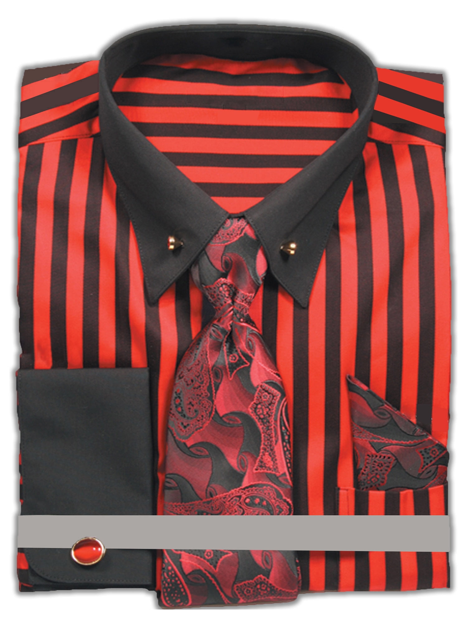 Sunrise Outlet Men's French Cuff Thick Stripe Dress Shirt with Collar